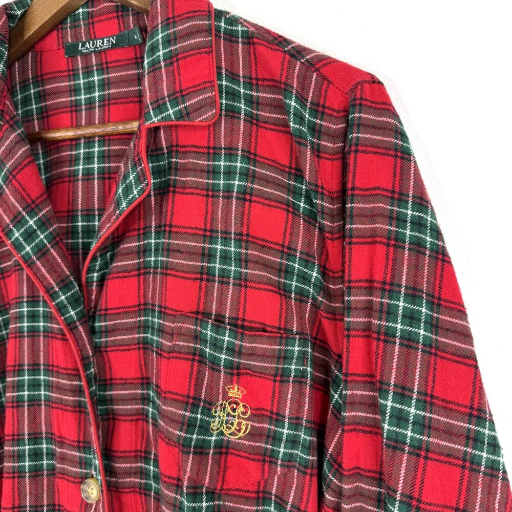 Ralph Lauren Pajama Top Crest Red Plaid Flannel Womens Large Holiday Logo